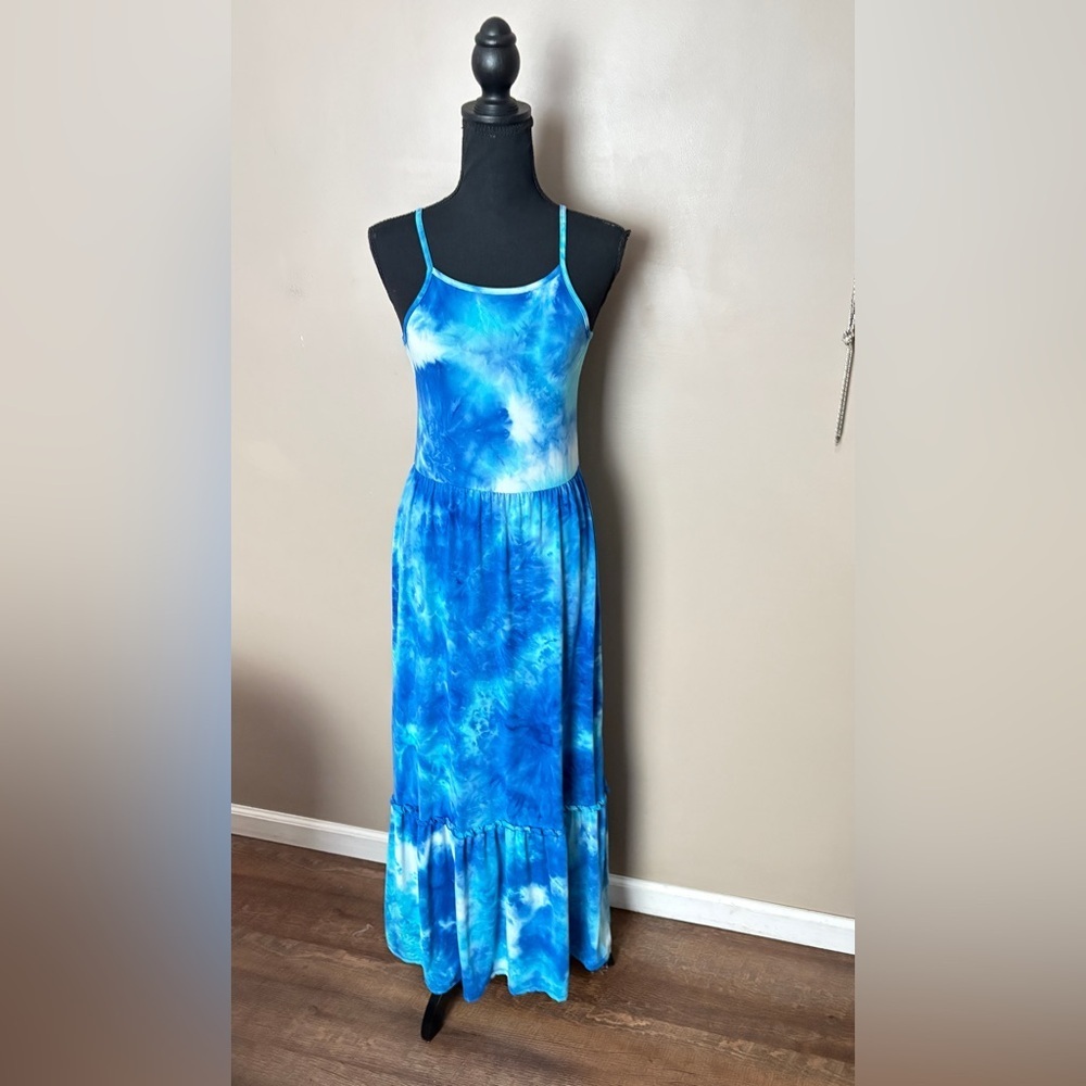 DISCREET Y2K tie-dye maxi dress blue & white sleeveless summer beach vacation S